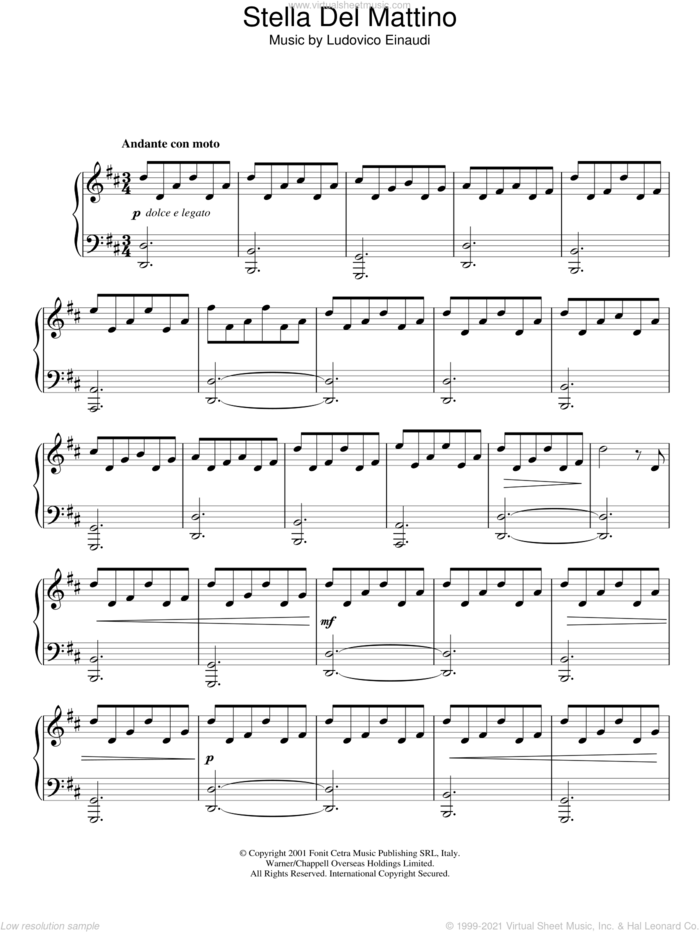 Stella Del Mattino sheet music for piano solo by Ludovico Einaudi, classical score, intermediate skill level