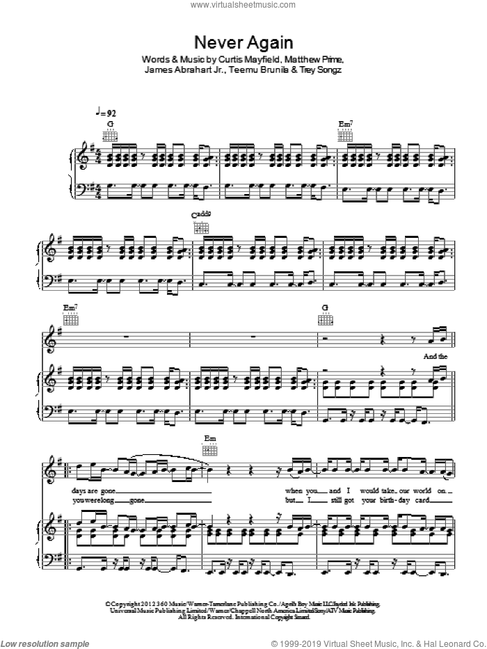 Never Again sheet music for voice, piano or guitar by Trey Songz, Curtis Mayfield, James Abrahart Jr., Matthew Prime and Teemu Brunila, intermediate skill level