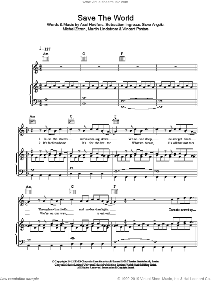 Save The World sheet music for voice, piano or guitar by Swedish House Mafia, Axel Hedfors, Martin Lindstrom, Michel Zitron, Sebastian Ingrosso, Steve Angello and Vincent Pontare, intermediate skill level
