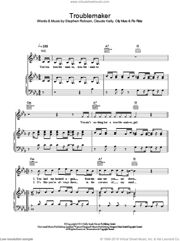 Troublemaker sheet music for voice, piano or guitar by Olly Murs, Claude Kelly, Flo Rida and Steve Robson, intermediate skill level