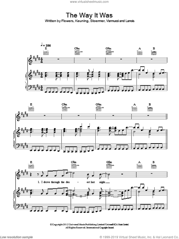 The Way It Was sheet music for voice, piano or guitar by The Killers, Brandon Flowers, Daniel Lanois, Dave Keuning, Mark Stoermer and Ronnie Vannucci, intermediate skill level