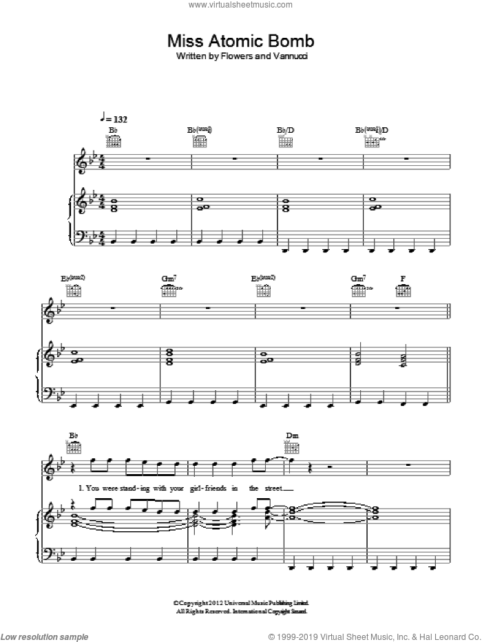 Miss Atomic Bomb sheet music for voice, piano or guitar by The Killers, Brandon Flowers, Dave Keuning, Mark Stoermer and Ronnie Vannucci, intermediate skill level