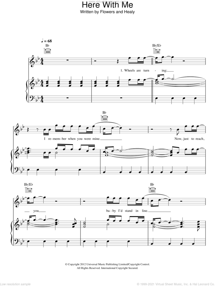 Here With Me sheet music for voice, piano or guitar by The Killers, Brandon Flowers, Dave Keuning, Fran Healy, Mark Stoermer and Ronnie Vannucci, intermediate skill level