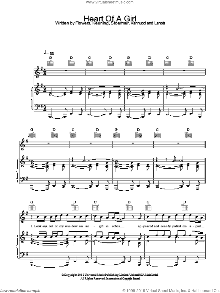 Heart Of A Girl sheet music for voice, piano or guitar by The Killers, Brandon Flowers, Daniel Lanois, Dave Keuning, Mark Stoermer and Ronnie Vannucci, intermediate skill level
