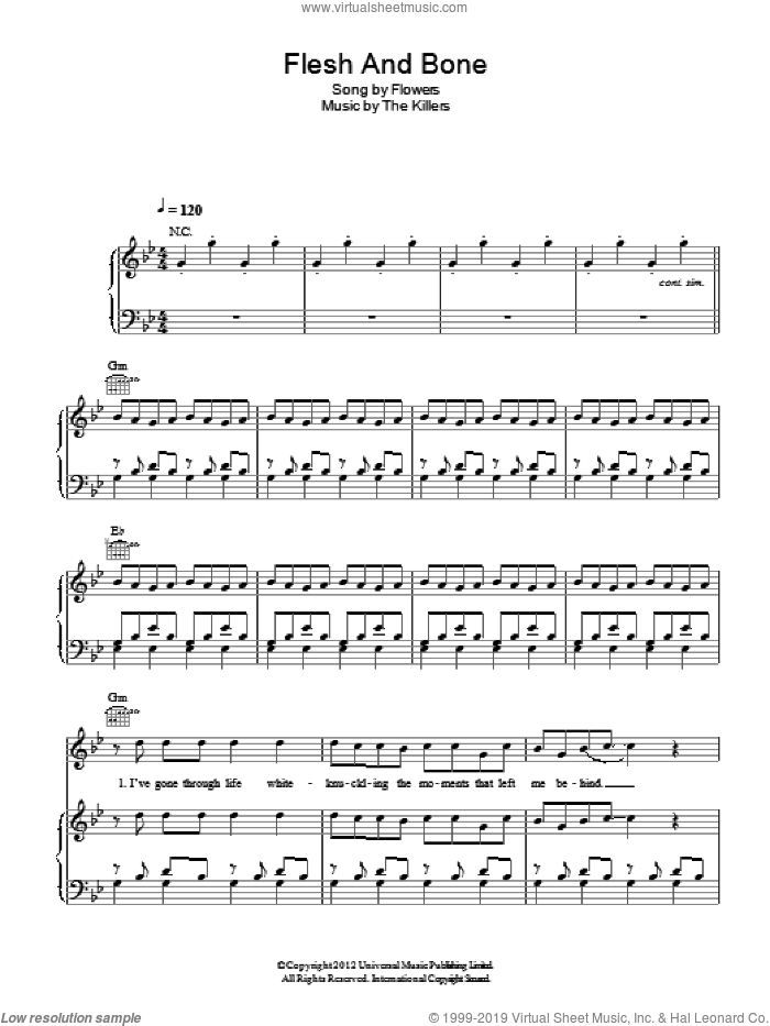 Flesh And Bone sheet music for voice, piano or guitar by The Killers, Brandon Flowers, Dave Keuning, Mark Stoermer and Ronnie Vannucci, intermediate skill level