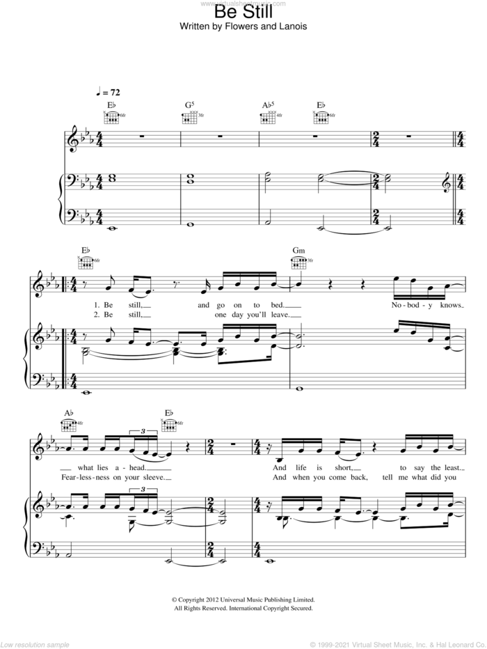 Be Still sheet music for voice, piano or guitar by The Killers, Brandon Flowers, Daniel Lanois, Dave Keuning, Mark Stoermer and Ronnie Vannucci, intermediate skill level