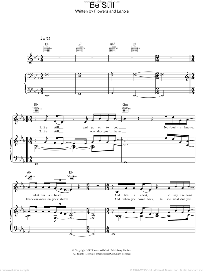 Be Still sheet music for voice, piano or guitar by The Killers, Brandon Flowers, Daniel Lanois, Dave Keuning, Mark Stoermer and Ronnie Vannucci, intermediate skill level