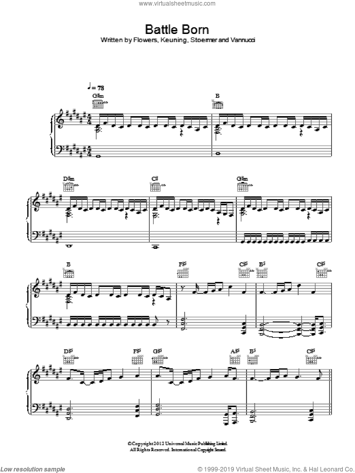 Battle Born sheet music for voice, piano or guitar by The Killers, Brandon Flowers, Dave Keuning, Mark Stoermer and Ronnie Vannucci, intermediate skill level