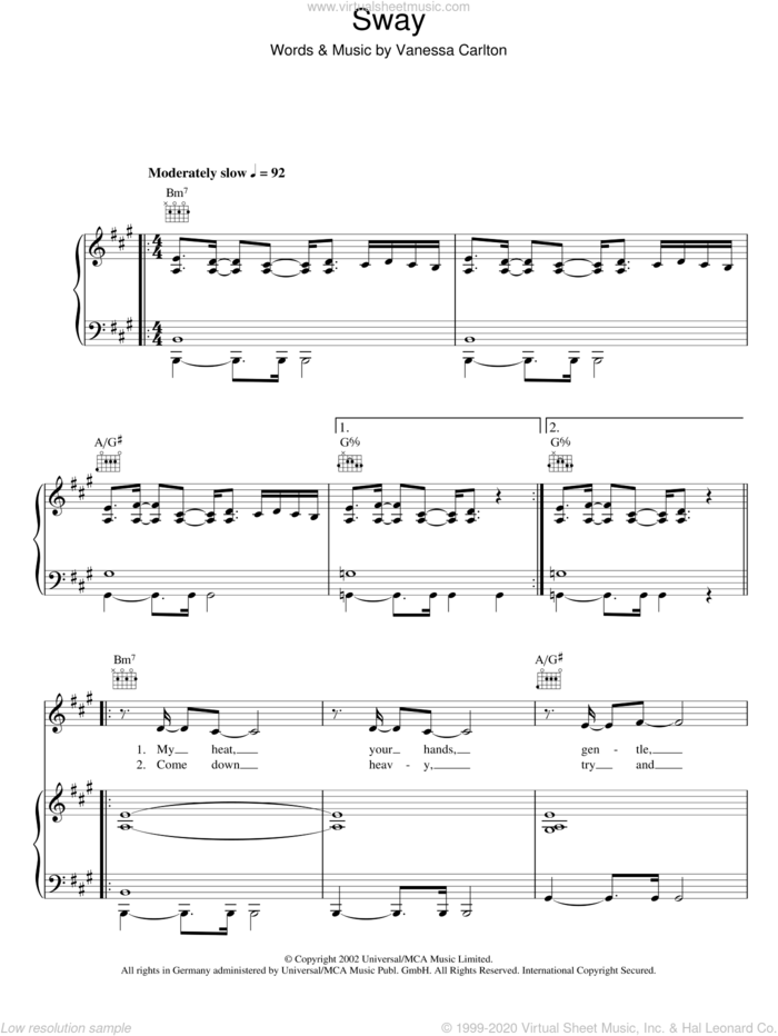Sway sheet music for voice, piano or guitar by Vanessa Carlton, intermediate skill level