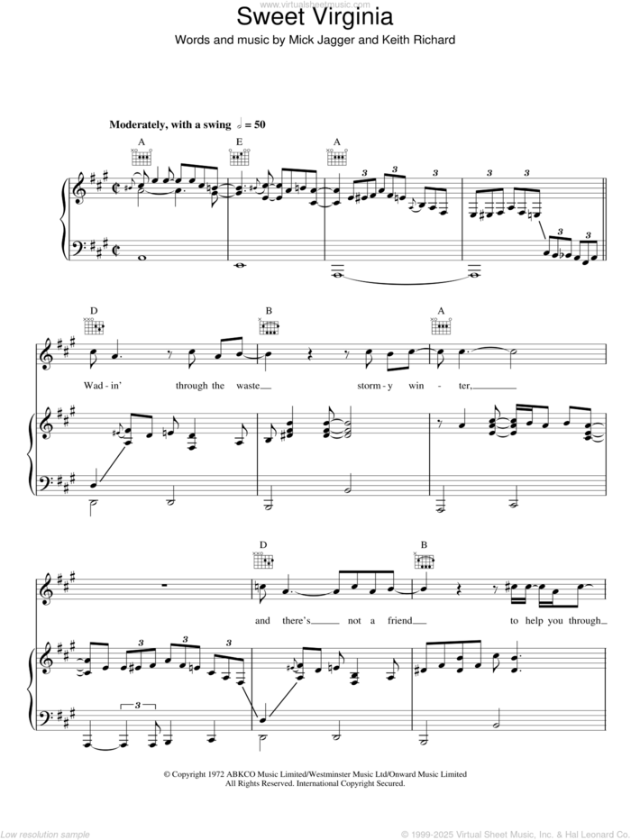 Sweet Virginia sheet music for voice, piano or guitar by The Rolling Stones, Keith Richards and Mick Jagger, intermediate skill level