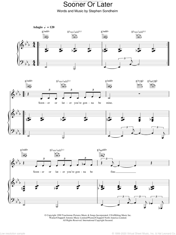 Sooner Or Later sheet music for voice, piano or guitar by Madonna and Stephen Sondheim, intermediate skill level
