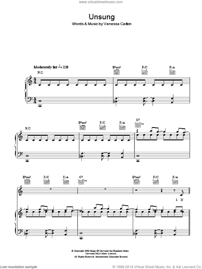 Unsung sheet music for voice, piano or guitar by Vanessa Carlton, intermediate skill level