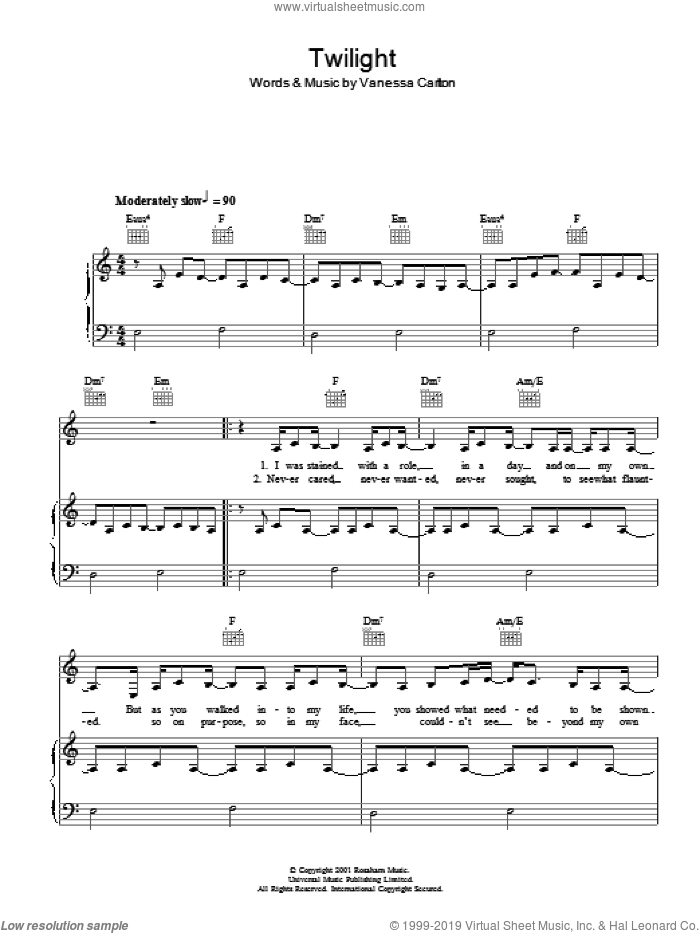 Twilight sheet music for voice, piano or guitar by Vanessa Carlton, intermediate skill level