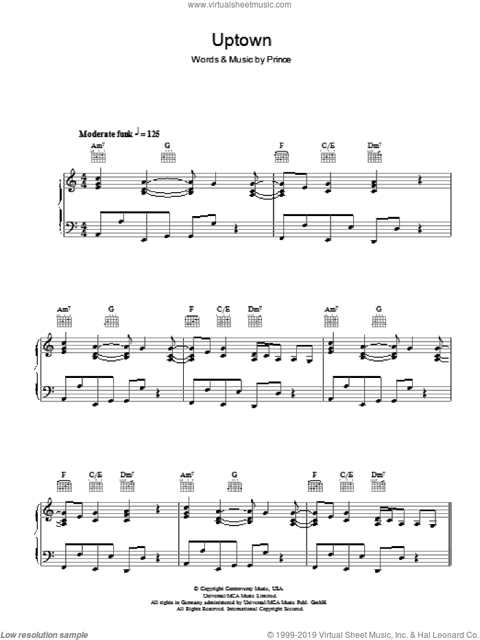 Uptown sheet music for voice, piano or guitar by Prince, intermediate skill level