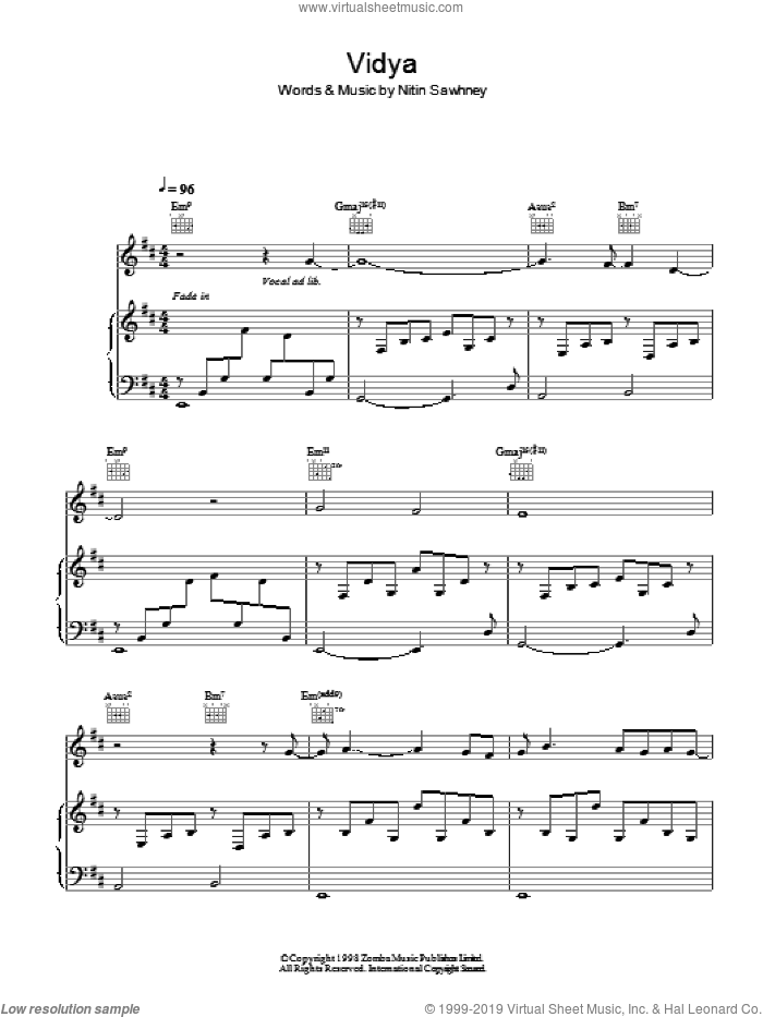 Vidya sheet music for voice, piano or guitar by Nitin Sawhney, intermediate skill level