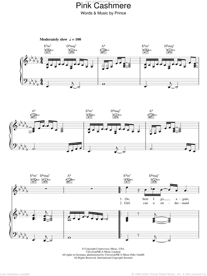 Pink Cashmere sheet music for voice, piano or guitar by Prince, intermediate skill level