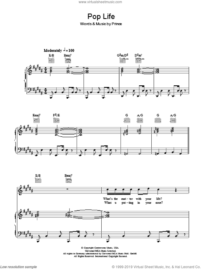 Pop Life sheet music for voice, piano or guitar by Prince & The Revolution and Prince, intermediate skill level