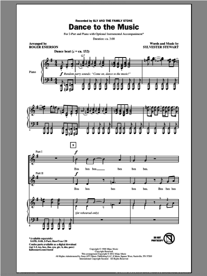 Dance To The Music sheet music for choir (2-Part) by Roger Emerson, Sylvester Stewart and Sly And The Family Stone, intermediate duet