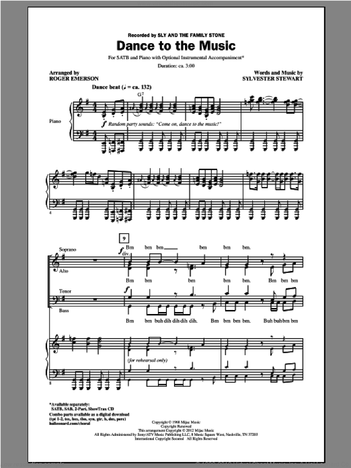 Dance To The Music sheet music for choir (SATB: soprano, alto, tenor, bass) by Roger Emerson, Sylvester Stewart and Sly And The Family Stone, intermediate skill level