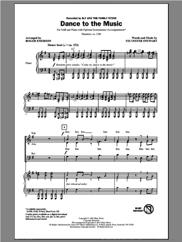 Dance To The Music sheet music for choir (SAB: soprano, alto, bass) by Roger Emerson, Sylvester Stewart and Sly And The Family Stone, intermediate skill level