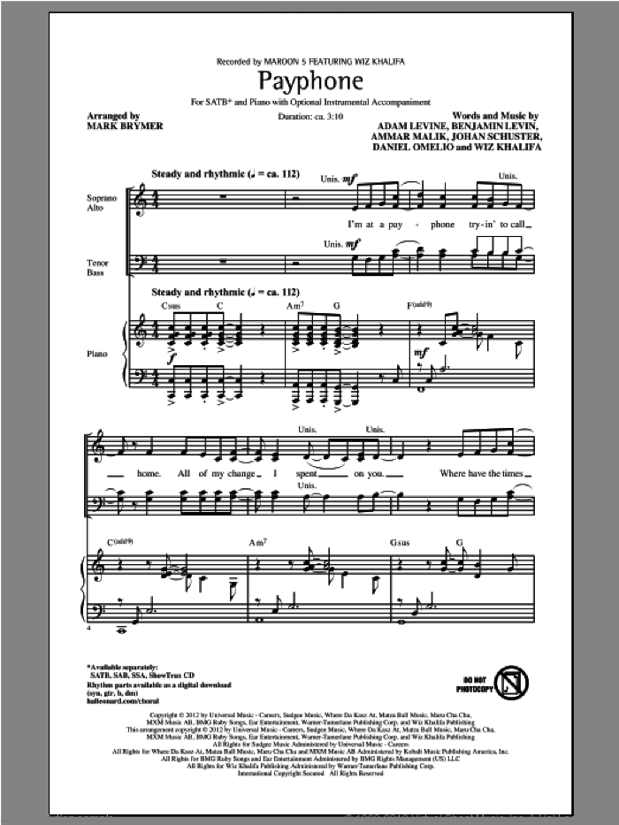 Payphone sheet music for choir (SATB: soprano, alto, tenor, bass) by Mark Brymer, Maroon 5 and Wiz Khalifa, intermediate skill level
