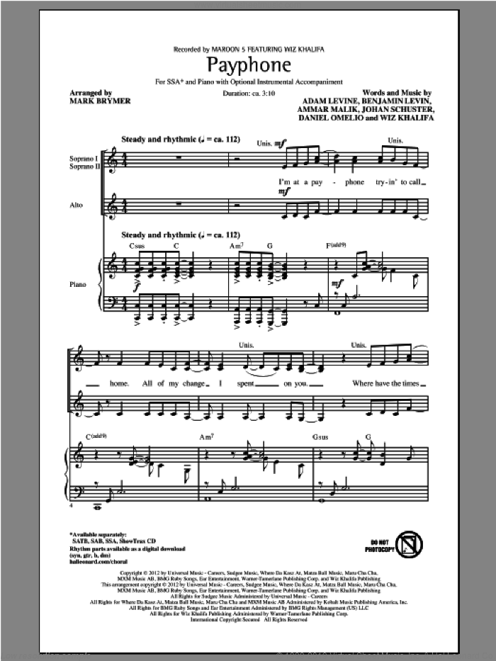 Payphone sheet music for choir (SSA: soprano, alto) by Mark Brymer, Maroon 5 and Wiz Khalifa, intermediate skill level