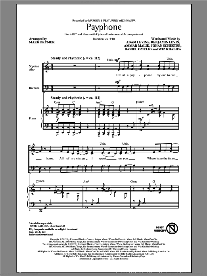 Payphone sheet music for choir (SAB: soprano, alto, bass) by Mark Brymer, Maroon 5 and Wiz Khalifa, intermediate skill level
