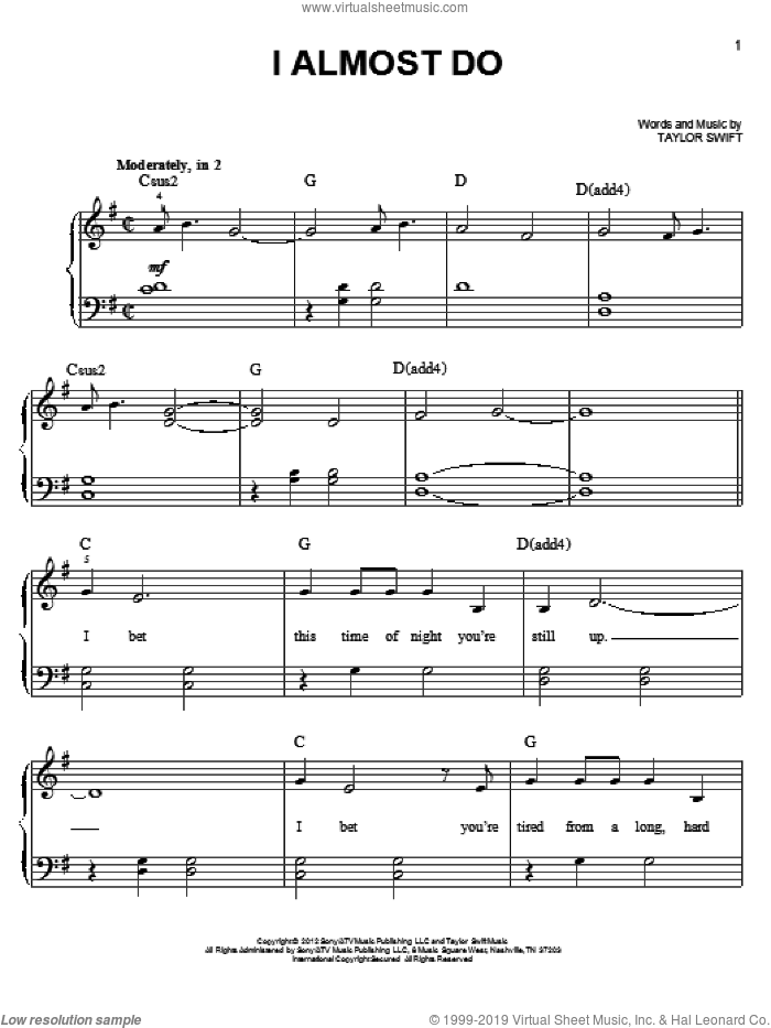 I Almost Do sheet music for piano solo by Taylor Swift, easy skill level
