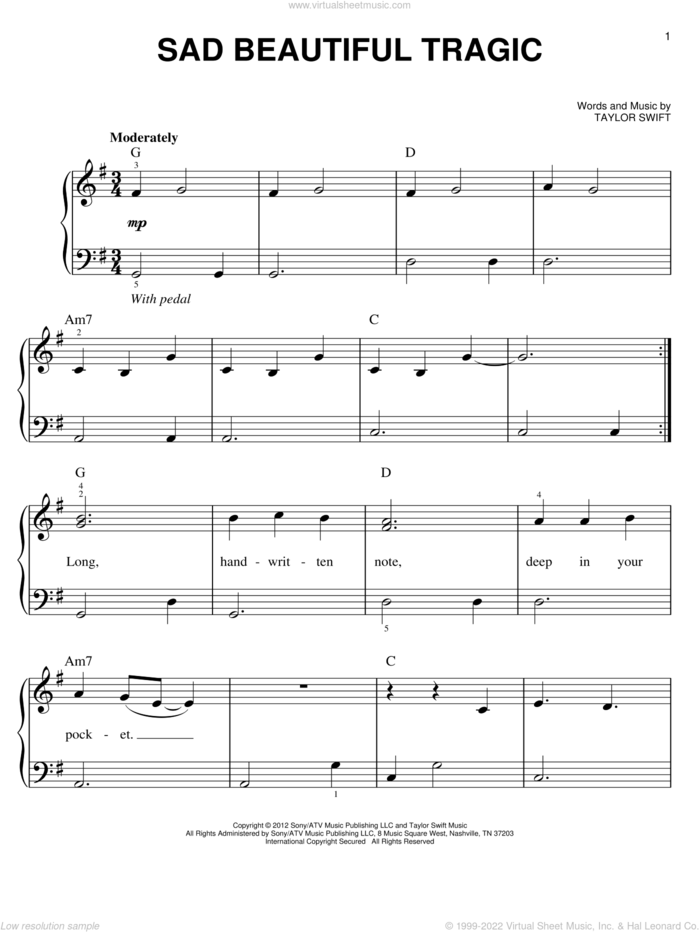 Sad Beautiful Tragic sheet music for piano solo by Taylor Swift, easy skill level