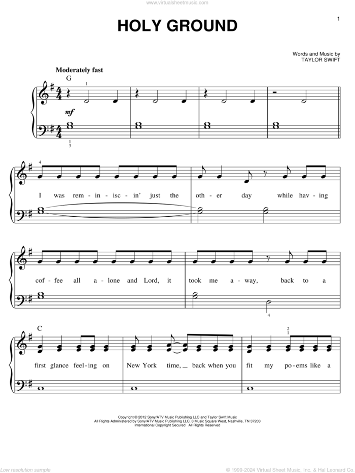 Holy Ground sheet music for piano solo by Taylor Swift, easy skill level
