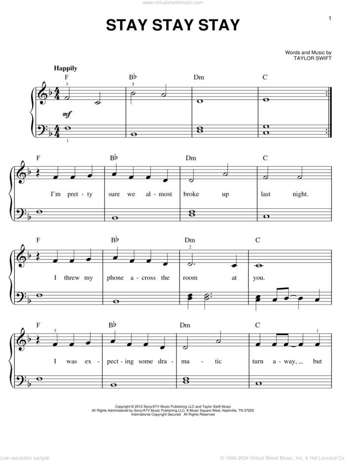 Stay Stay Stay sheet music for piano solo by Taylor Swift, easy skill level