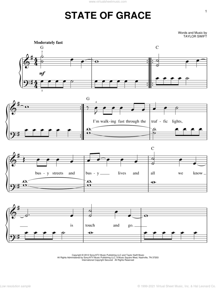 State Of Grace sheet music for piano solo by Taylor Swift, easy skill level
