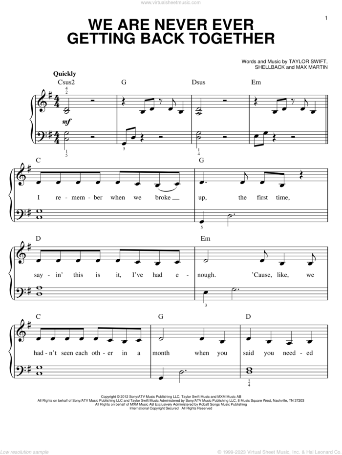 We Are Never Ever Getting Back Together, (easy) sheet music for piano solo by Taylor Swift, Max Martin and Shellback, easy skill level