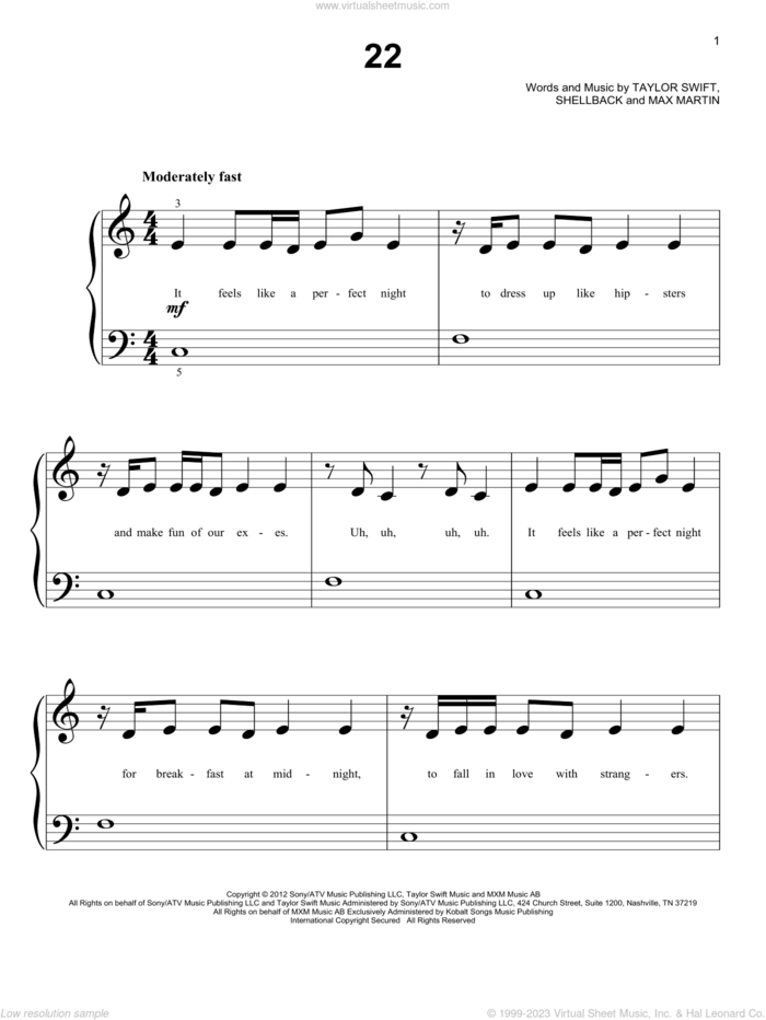 22, (easy) sheet music for piano solo by Taylor Swift, Max Martin and Shellback, easy skill level