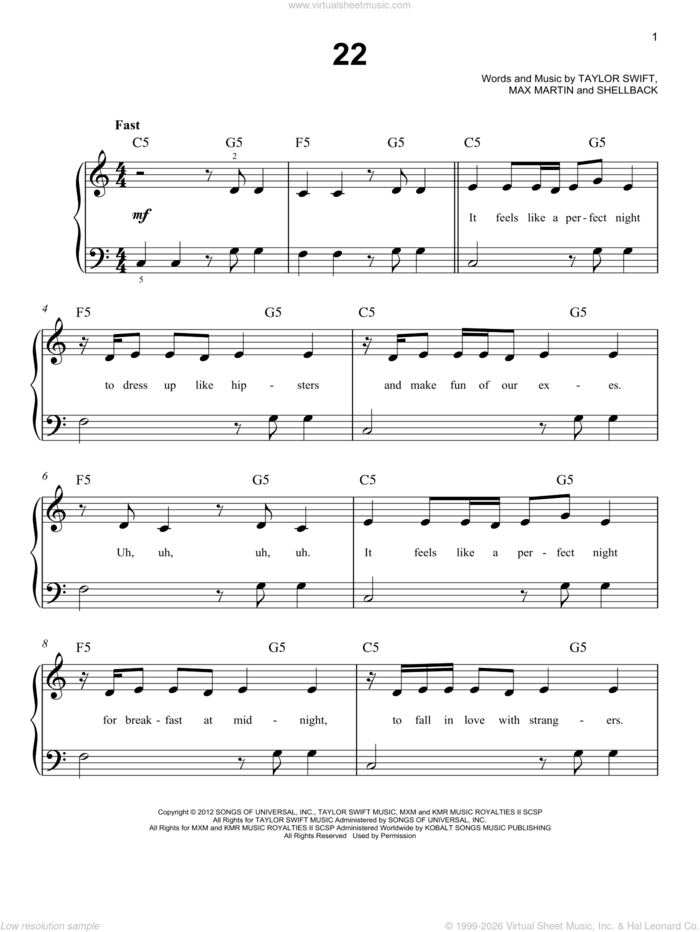 22, (easy) sheet music for piano solo by Taylor Swift, Max Martin and Shellback, easy skill level