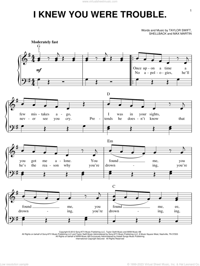 I Knew You Were Trouble, (easy) sheet music for piano solo by Taylor Swift, Max Martin and Shellback, easy skill level