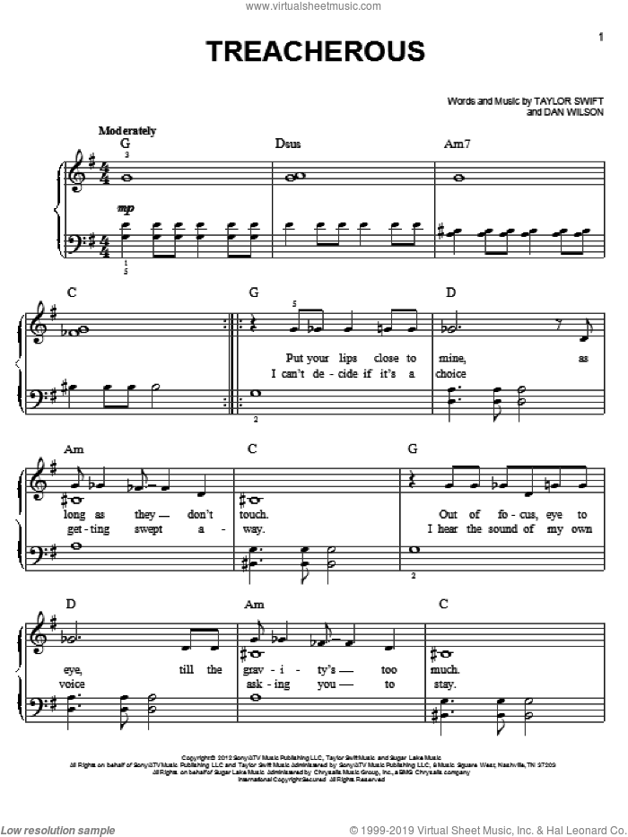 Treacherous sheet music for piano solo by Taylor Swift and Dan Wilson, easy skill level
