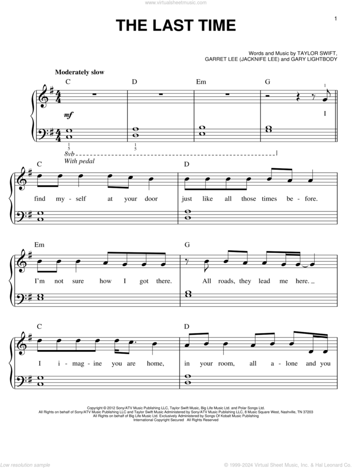The Last Time sheet music for piano solo by Taylor Swift and Gary Lightbody, easy skill level