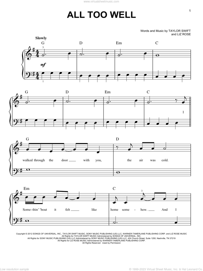 All Too Well sheet music for piano solo by Taylor Swift and Liz Rose, easy skill level