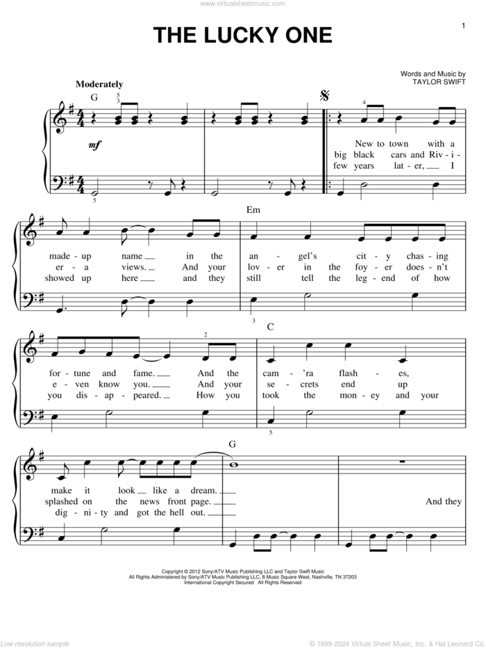 The Lucky One sheet music for piano solo by Taylor Swift, easy skill level