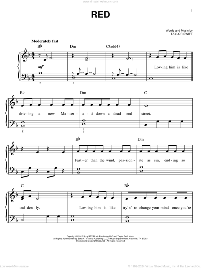 Red, (easy) sheet music for piano solo by Taylor Swift, easy skill level