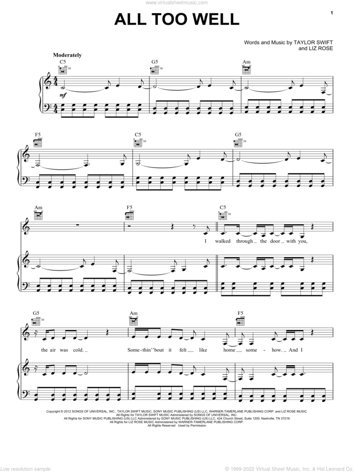 All Too Well sheet music for voice, piano or guitar by Taylor Swift and Liz Rose, intermediate skill level