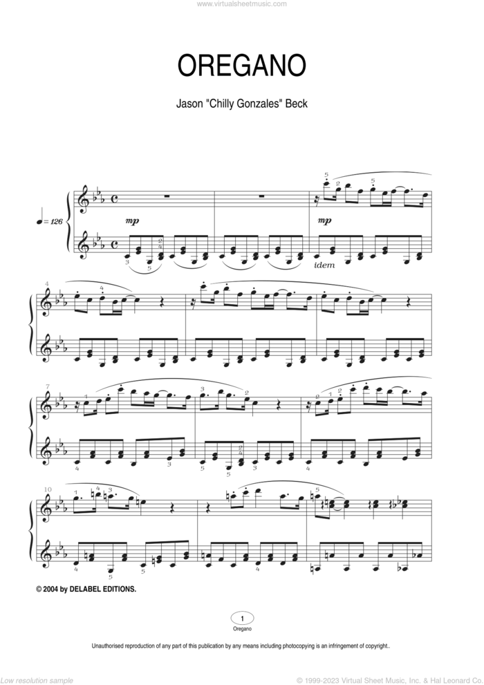 Oregano sheet music for piano solo by Chilly Gonzales and Jason Beck, intermediate skill level