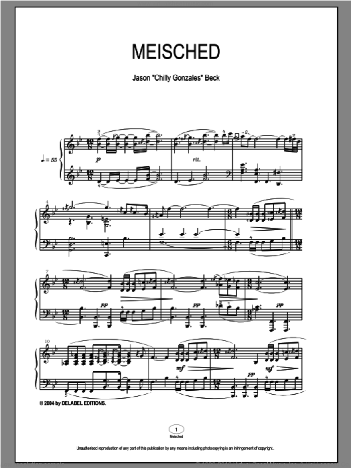 Meisched sheet music for piano solo by Chilly Gonzales and Jason Beck, intermediate skill level
