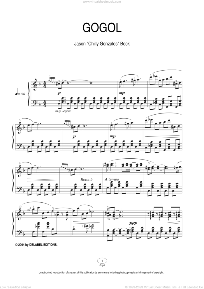 Gogol sheet music for piano solo by Chilly Gonzales and Jason Beck, intermediate skill level