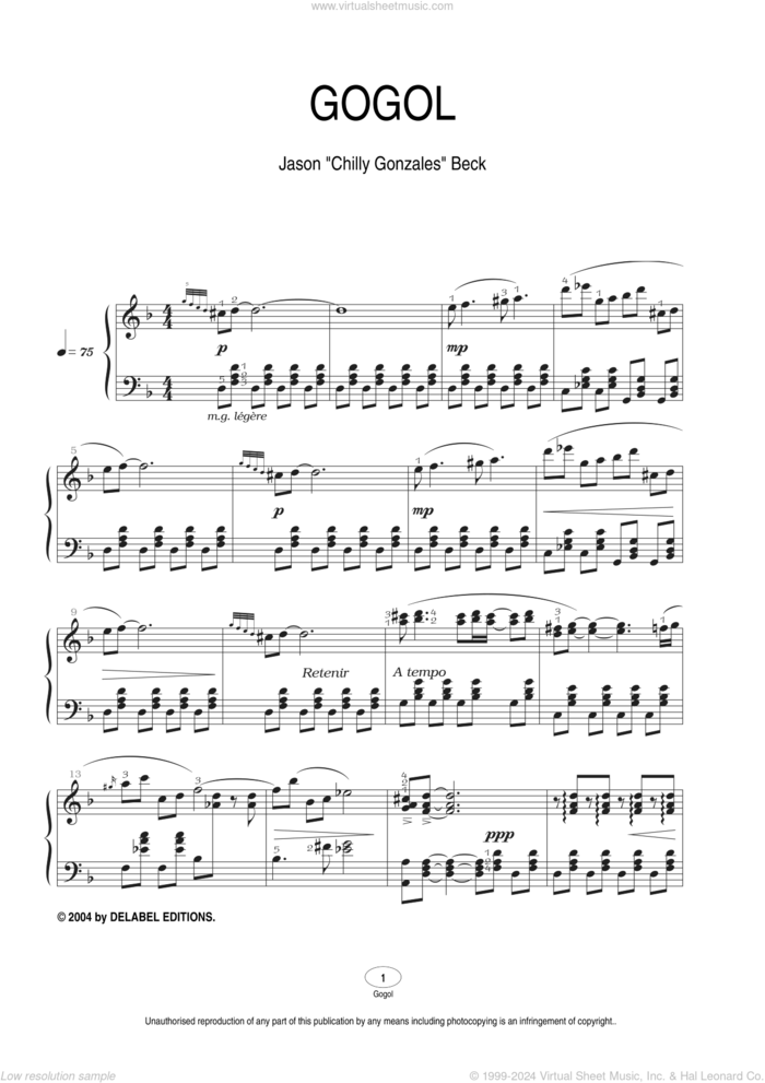 Gogol sheet music for piano solo by Chilly Gonzales and Jason Beck, intermediate skill level