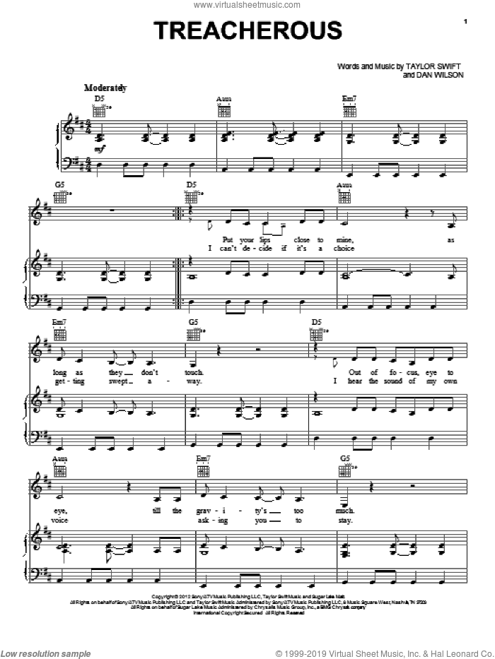 Treacherous sheet music for voice, piano or guitar by Taylor Swift and Dan Wilson, intermediate skill level