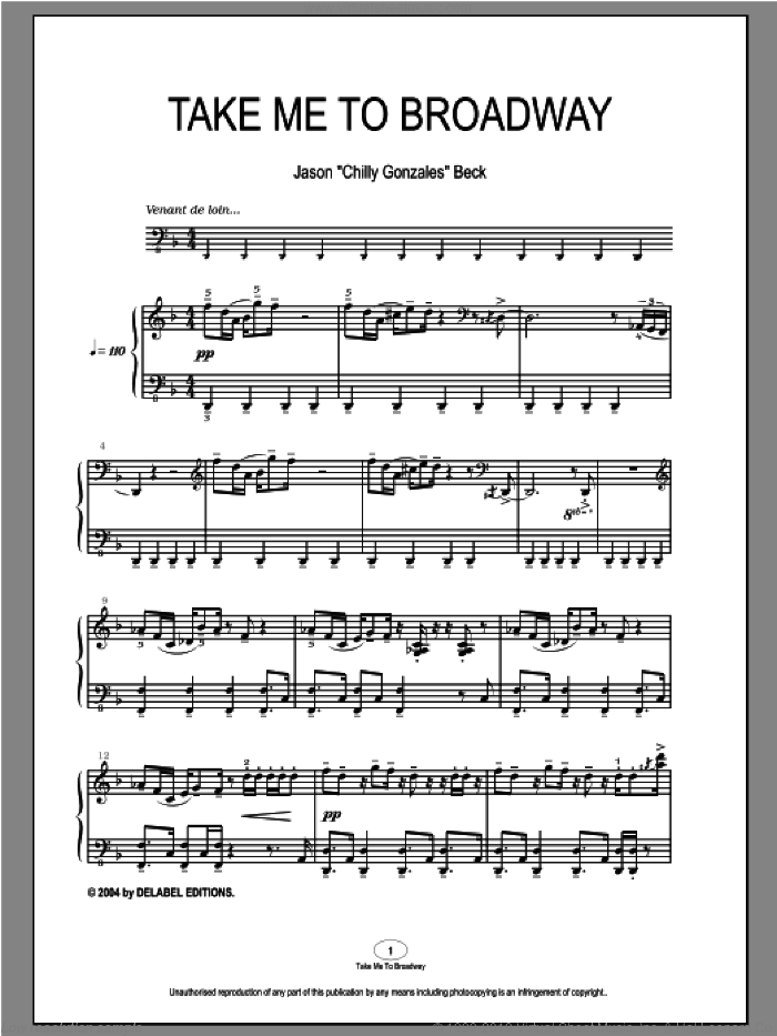 Take Me To Broadway sheet music for piano solo by Chilly Gonzales and Jason Beck, intermediate skill level