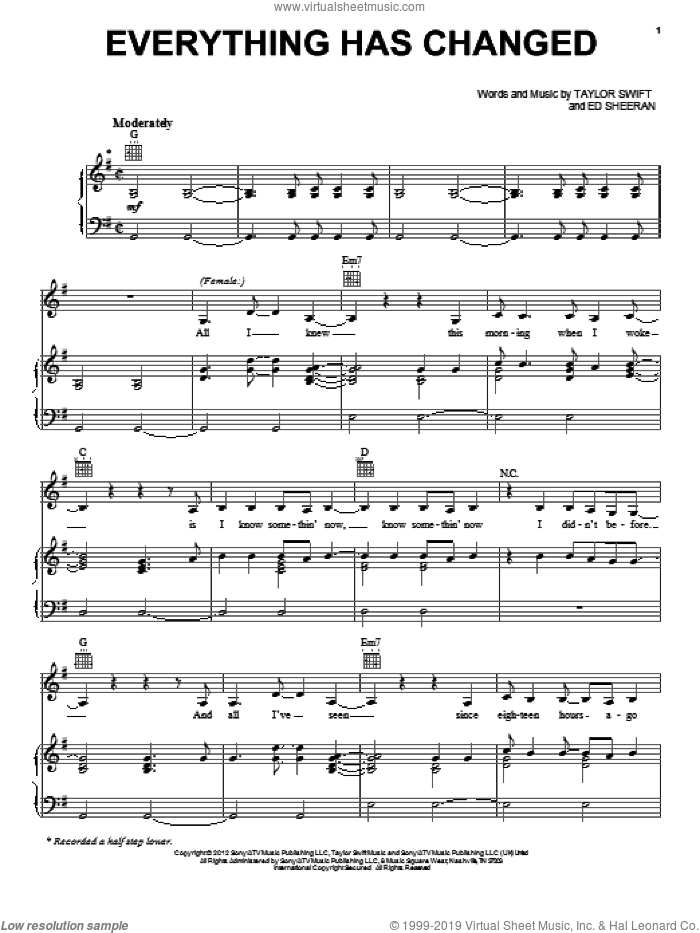 Everything Has Changed (feat. Ed Sheeran) sheet music for voice, piano or guitar by Taylor Swift and Ed Sheeran, intermediate skill level
