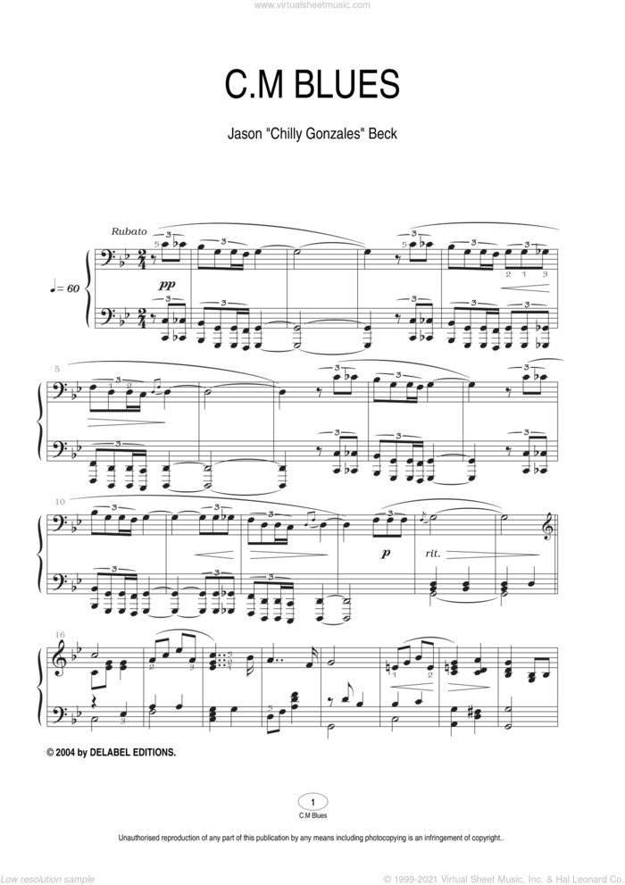 C.M Blues sheet music for piano solo by Chilly Gonzales and Jason Beck, intermediate skill level